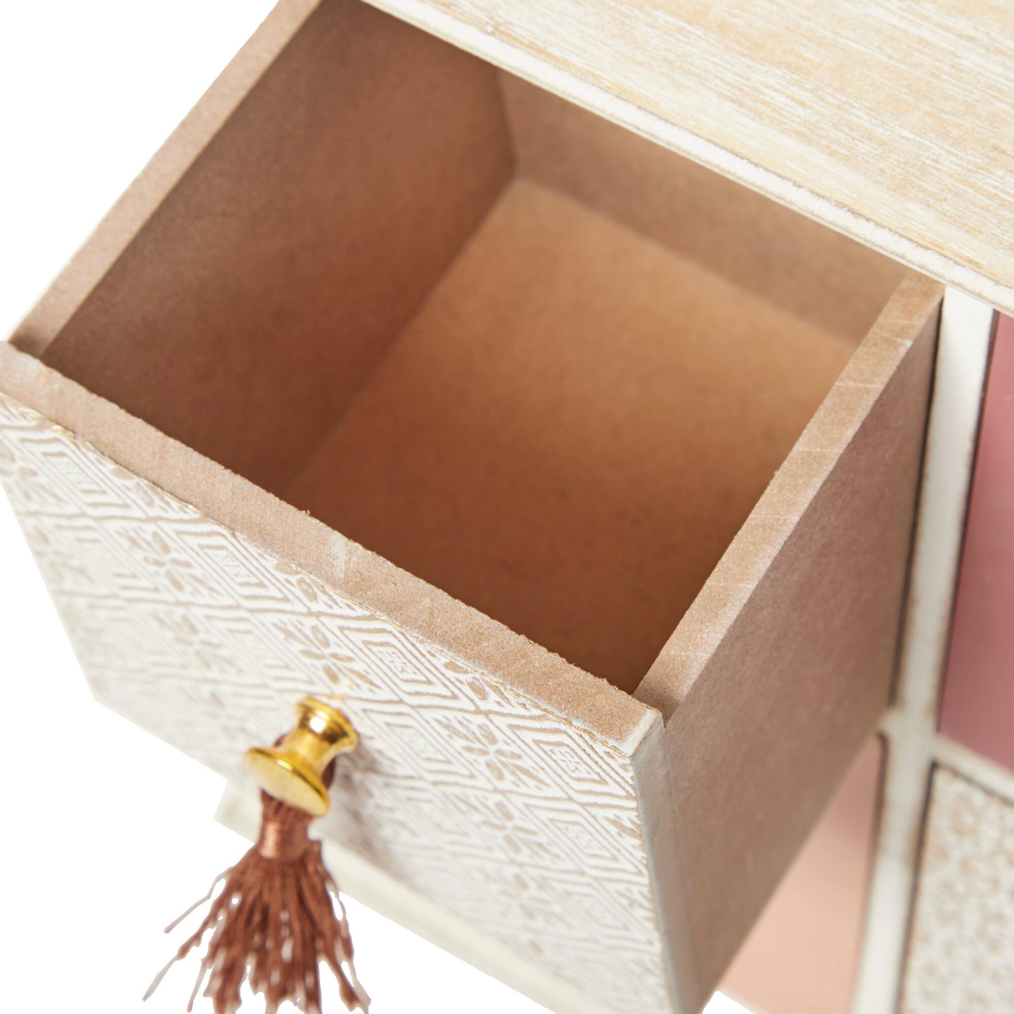 Light Brown Linen & Wood Eclectic 4-Drawer Jewelry Box